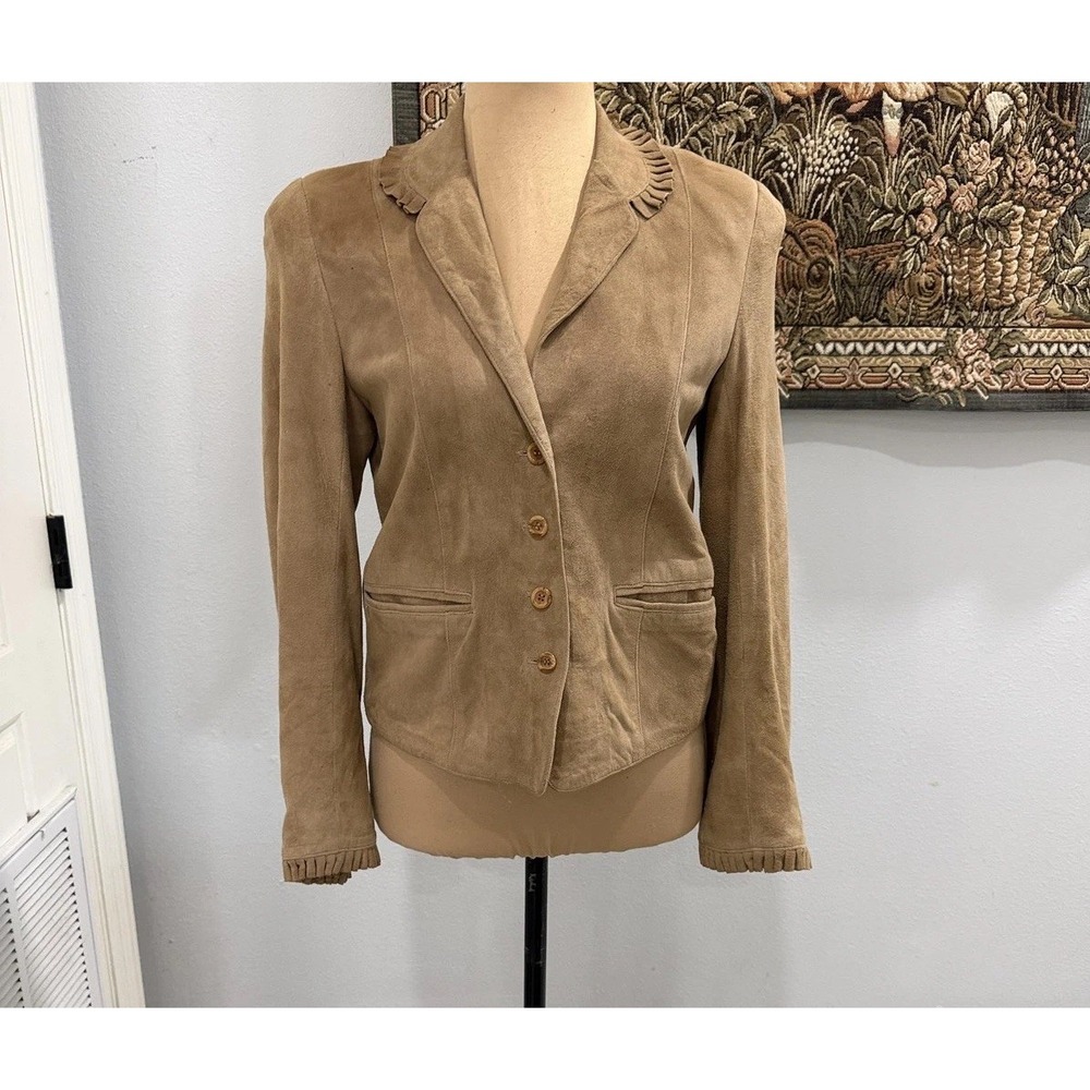 Vintage Sakowitz Jacket Womens 6 Tan Suede Leather Blazer Ruffle Trim‎ 80s